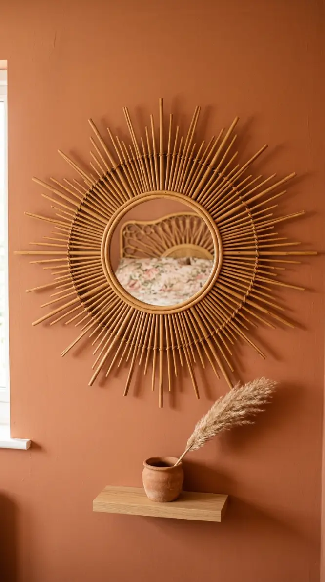 22 Vintage Floral Bedding Boho Rattan Bedroom Terracotta 4 4. Hang a Large Rattan Sunburst Mirror as Wall Art
