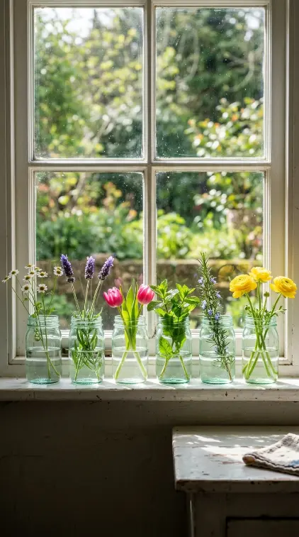 20 Simple DIY Spring Home Decoration - Mason Jar Flowers 4 4. Mason Jar Windowsill Garden Row