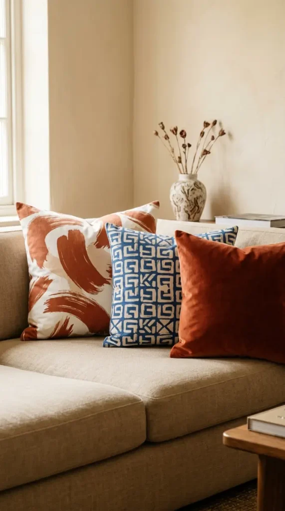 20 Decorative Pillow Ideas That Instantly Elevate Any Room 4 4. Mix Patterns Using the Scale Rule