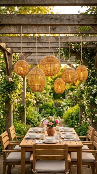 20 Spring Lantern Decor Ideas for Home and Garden 4 4. Rattan Lanterns Hung From a Garden Pergola for Spring Evenings