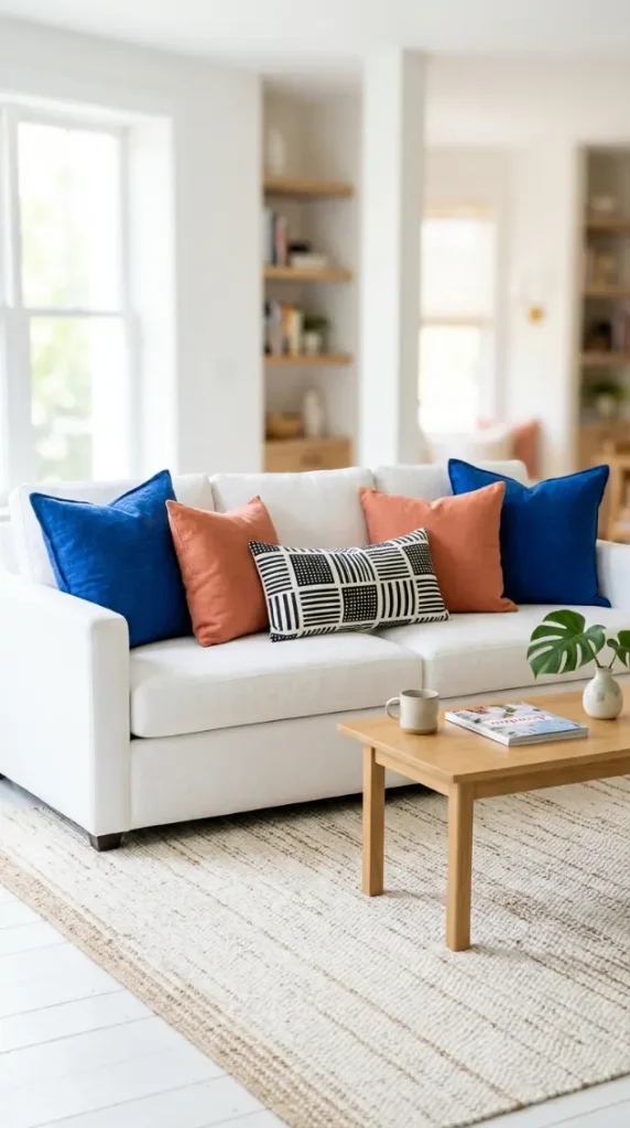 25 Throw Pillow Combinations That Transform Any Sofa 4 4. The White Sofa Bold Color Pop Combination