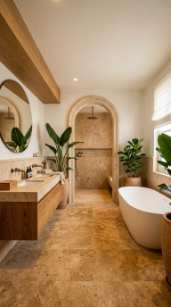 18 Incredible Luxury Bathroom Ideas Travertine Spa Style 4 4. Travertine and Warm Oak Bathroom With Organic Arched Details