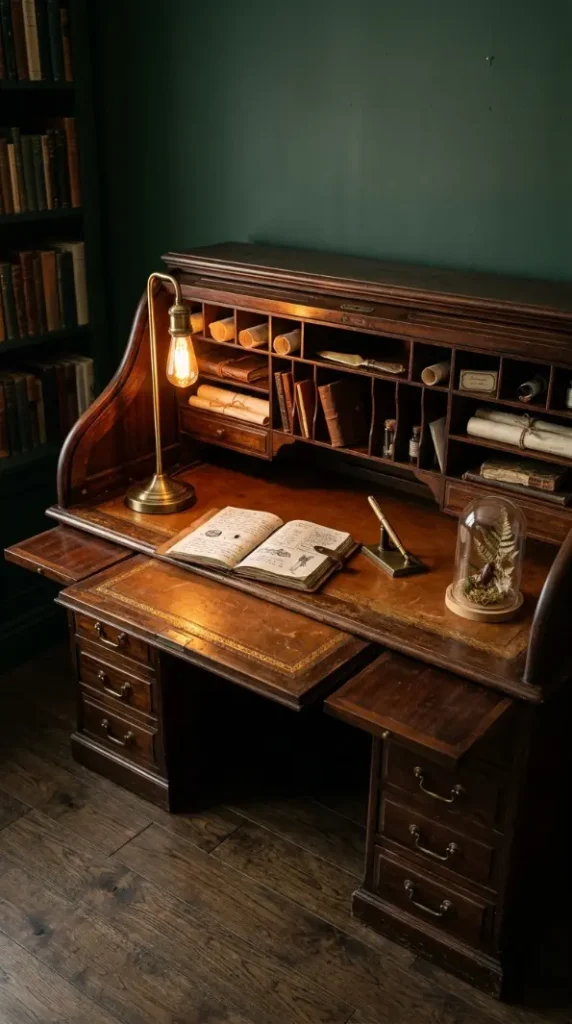 20 Quirky Home Decor Curiosity Cabinet Dark Office 4 4. Use a Dark Antique Roll-Top Desk as the Workspace