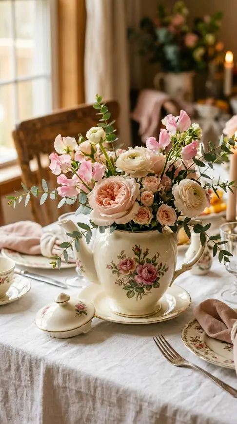 22 Mother's Day Brunch Decorations With Vintage China 4 4. Vintage Teapot Floral Arrangement