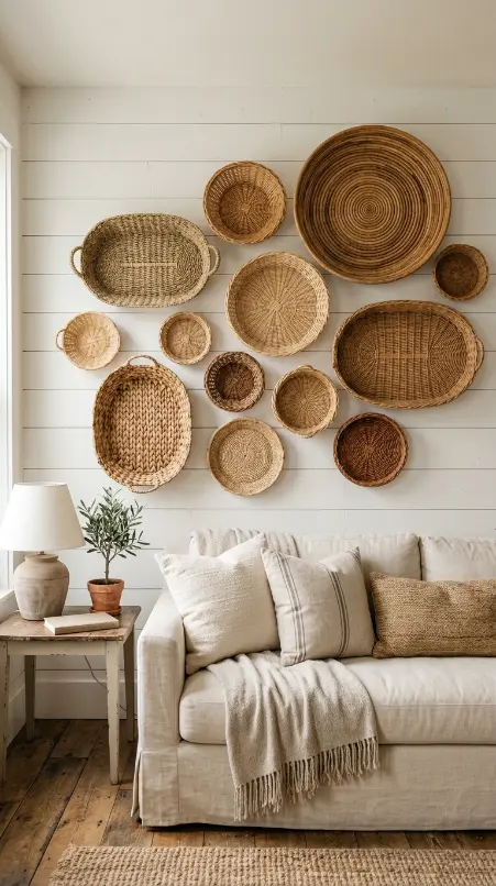 22 Farmhouse Living Room Wall Decor Ideas 4 4. Woven Basket Wall Collection