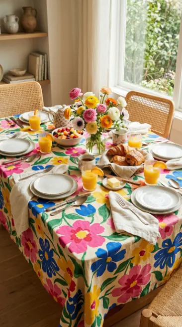 22 Spring Table Decor Ideas - Dopamine Colorful Brunch Style 5 5. Bold Patterned Tablecloth as the Color Foundation