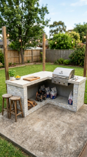 18 Easy Outdoor Kitchen DIY Ideas Modern L-Shape Build 5 5. Budget L-Shape Build With Concrete Block and Mosaic Tile Finish