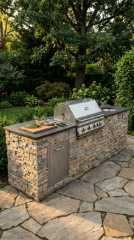 18 Easy Outdoor Kitchen DIY Ideas Cinder Block Grill Station 5 5. Cinder Block Grill Station With Stacked Stone Veneer and Granite Countertop