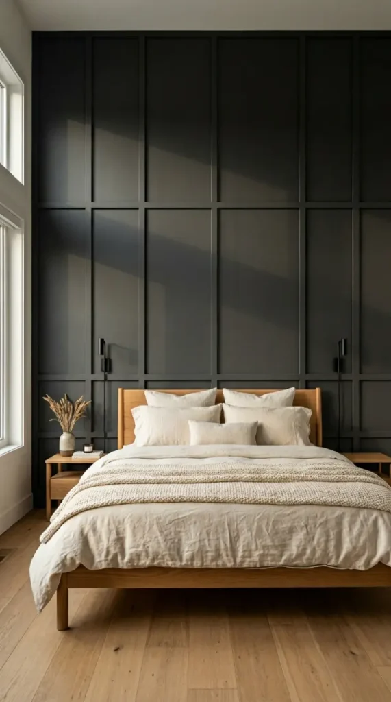 18 Modern Farmhouse Bedroom Ideas Dark Board and Batten 5 5. Geometric Board and Batten Pattern in Dark Paint for a Modern Update