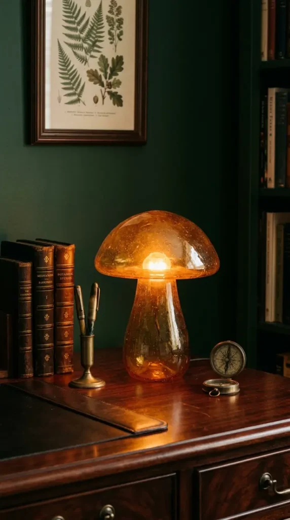 18 Mushroom Lamp Decor Ideas for Every Home Aesthetic 5 5. Glass Mushroom Lamp on a Dark Academia Desk