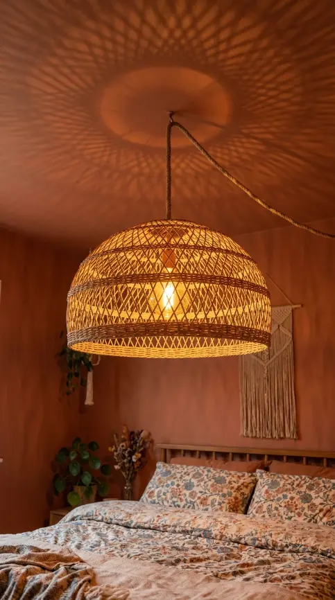 22 Vintage Floral Bedding Boho Rattan Bedroom Terracotta 5 5. Hang a Rattan Pendant Light Above the Bed