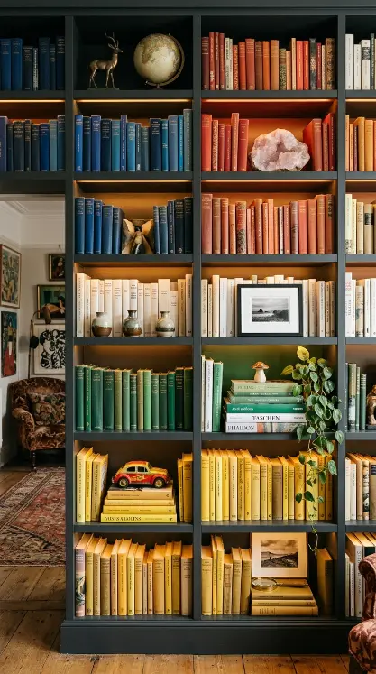 24 Eclectic Quirky Home Decor Ideas 5 5. Maximalist Bookshelf Styling With Color and Object