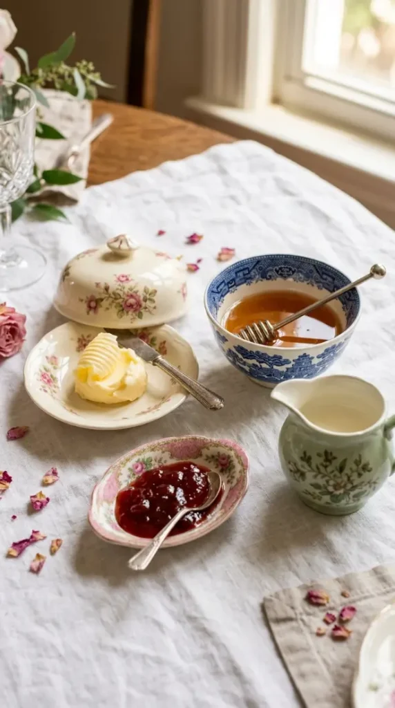 22 Mother's Day Brunch Decorations With Vintage China 5 5. Mismatched China Butter Dish and Condiment Display
