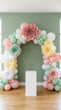 20 DIY Spring Party Decor Ideas Paper Flower Balloon Wall 5 5. Paper Flower and Balloon Arch Backdrop