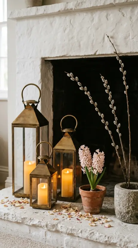 20 Spring Lantern Decor Ideas for Home and Garden 5 5. Spring Lantern Vignette on a Fireplace Hearth