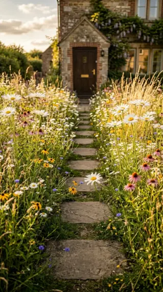20 Simple Front Yard Landscaping Stepping Stone Path 5 5. Stepping Stone Path Through Native Wildflower Meadow