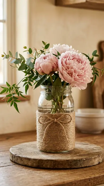 20 Simple DIY Spring Home Decoration - Mason Jar Flowers 5 5. Twine-Wrapped Mason Jar with Spring Blooms