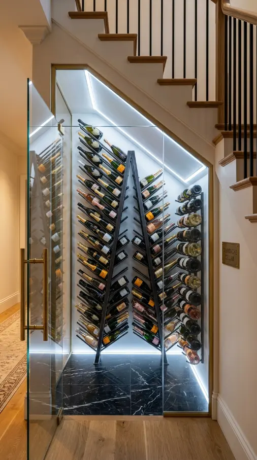 24 Luxury Staircase Storage Ideas Glass Wine Cellar Style 5 5. Under-Stair Glass Champagne and Sparkling Wine Cellar
