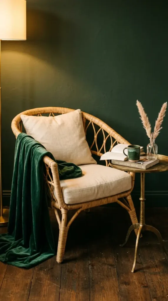 22 Earthy Cozy Bedroom - Dark Green Velvet Brass Luxury 5 5. Velvet Emerald Green Throw Draped Over a Rattan Chair
