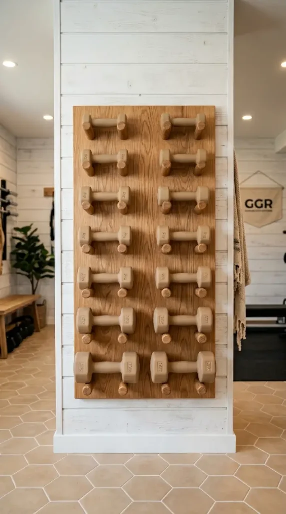 22 Coastal Home Gym Inspiration: Garage Conversion Ideas 5 5. Wall-Mounted Timber Dumbbell Rack in White Oak