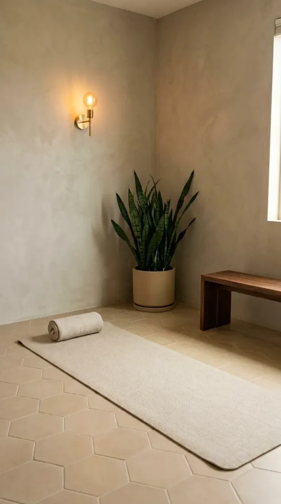 18 Warm Neutral Home Gym Studio Spare Bedroom Conversion 5 5. Warm Neutral Yoga and Stretching Zone With Natural Linen Mat