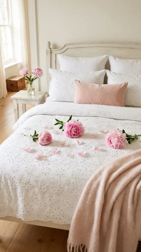 22 Floral Bedding Ideas Blush Peony Romantic Luxury Bed 5 5. White Broderie Anglaise Duvet with Fresh Peonies