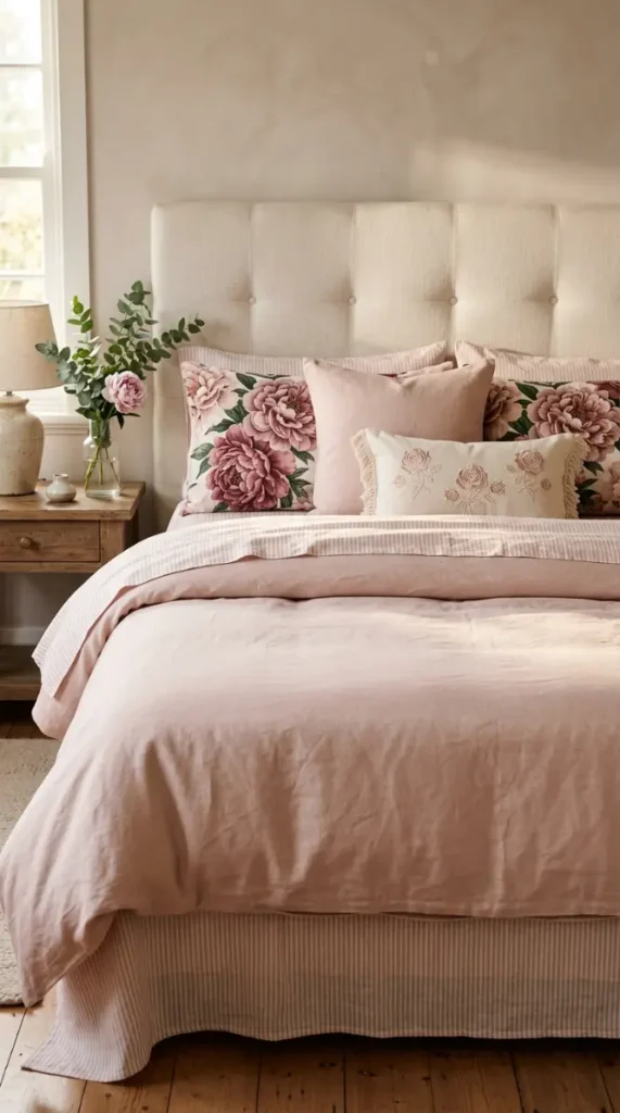 22 Floral Bedding Ideas Blush Peony Romantic Luxury Bed 6 6. Blush and Cream Striped Linen Sheets with Peony Pillowcases
