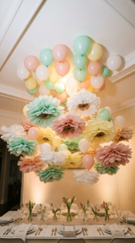 20 DIY Spring Party Decor Ideas Paper Flower Balloon Wall 6 6. Ceiling-Drop Paper Flower and Balloon Cloud Installation