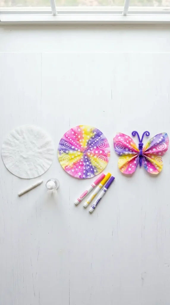 18 Easy Spring Classroom Crafts - Coffee Filter Butterflies 6 6. Coffee Filter Butterfly with Crayon Resist