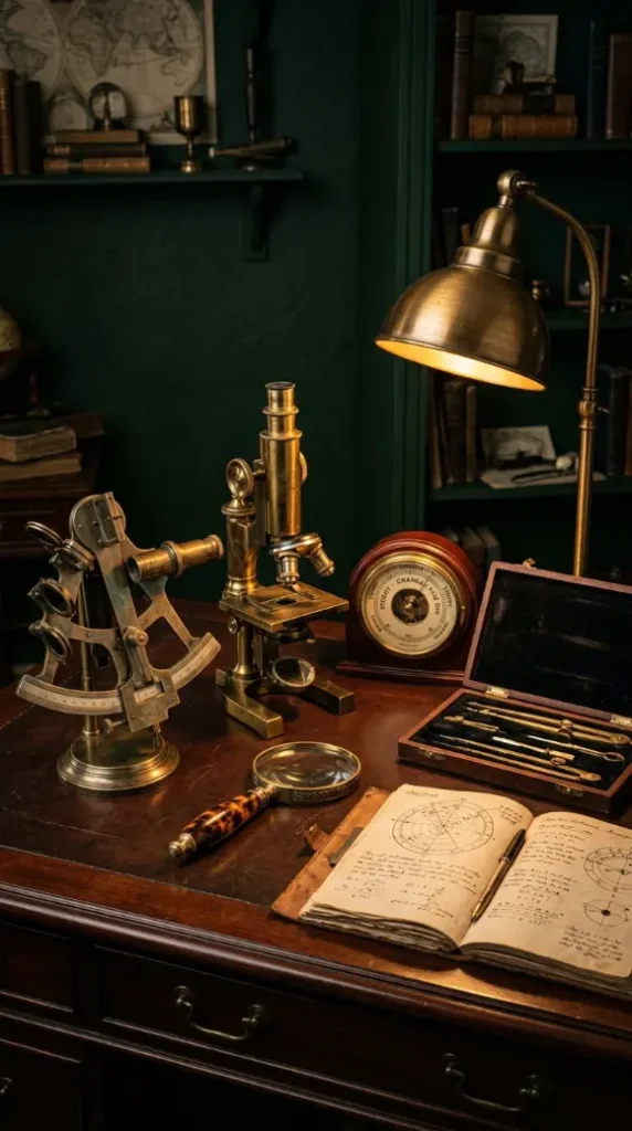 20 Quirky Home Decor Curiosity Cabinet Dark Office 6 6. Collect Antique Scientific Instruments as Desk Decor