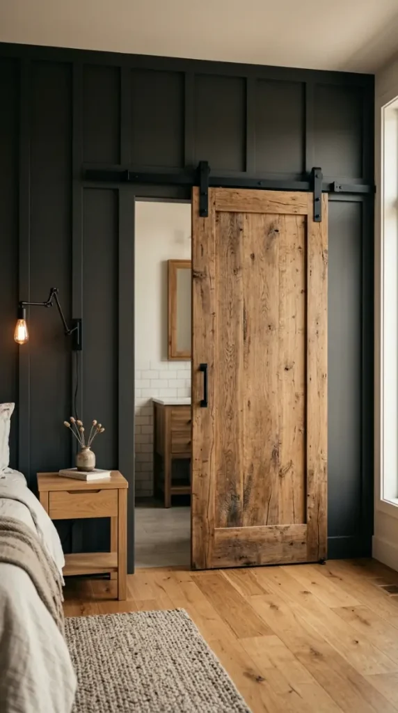 18 Modern Farmhouse Bedroom Ideas Dark Board and Batten 6 6. Dark Board and Batten With a Reclaimed Wood Sliding Barn Door