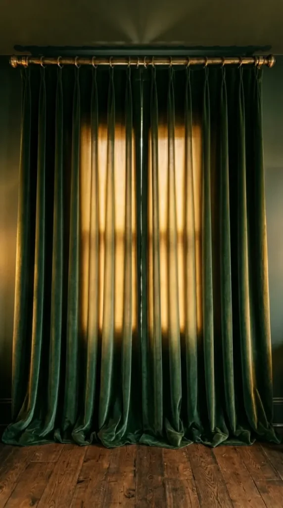 22 Earthy Cozy Bedroom - Dark Green Velvet Brass Luxury 6 6. Dark Green Velvet Curtains Floor to Ceiling