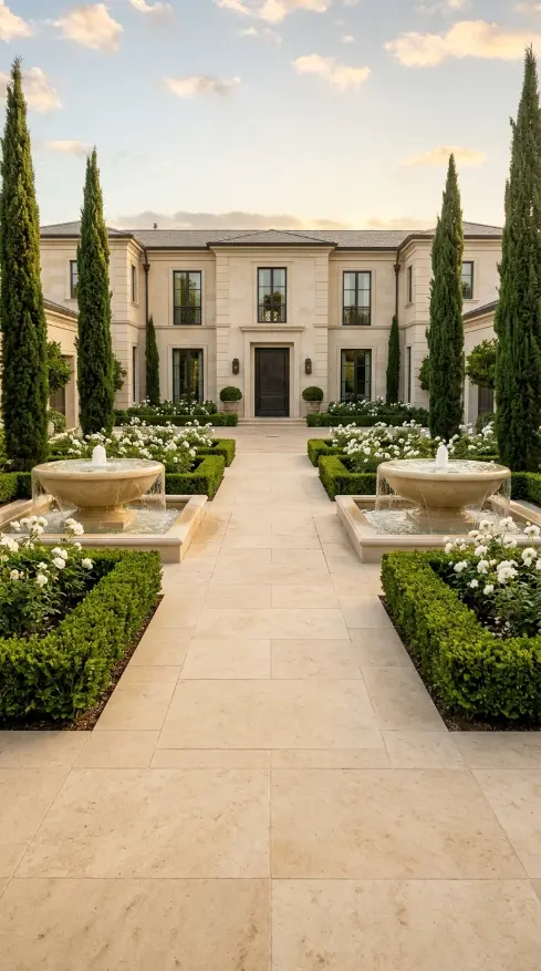 26 Front Yard Landscaping Ideas Luxury Water Feature Style 6 6. Formal Symmetrical Twin Fountain Entry