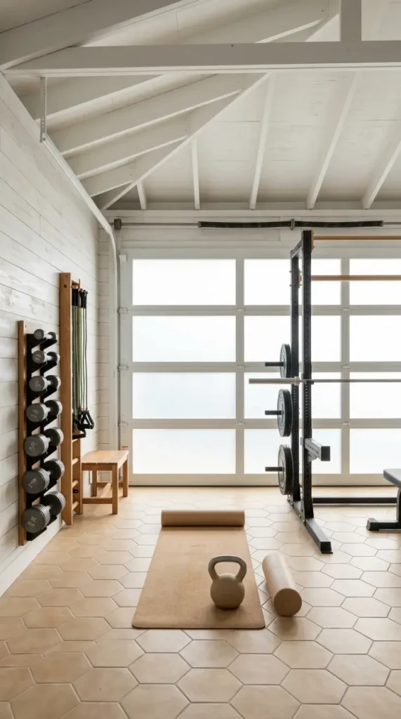 22 Coastal Home Gym Inspiration: Garage Conversion Ideas 6 6. Frosted Glass Garage Door for Natural Coastal Light