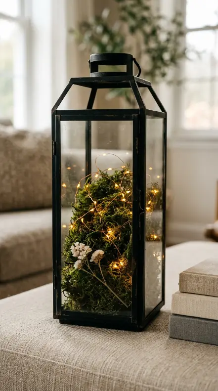 20 Spring Lantern Decor Ideas for Home and Garden 6 6. Glass Lantern With Moss and LED String Lights on a Coffee Table
