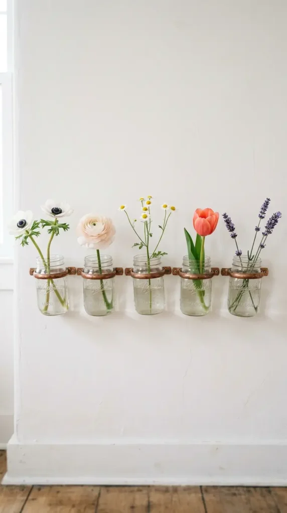20 Simple DIY Spring Home Decoration - Mason Jar Flowers 6 6. Hanging Mason Jar Wall Display with Spring Flowers