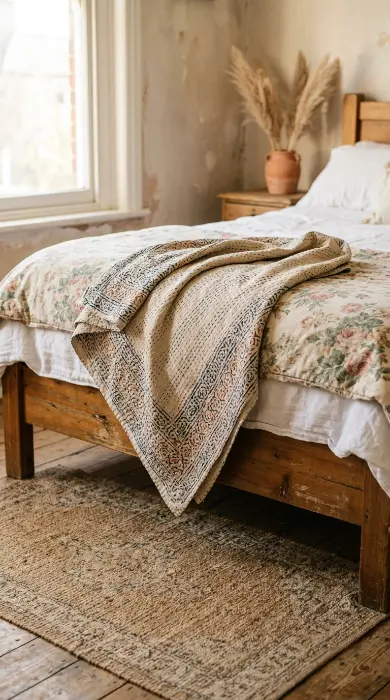 22 Vintage Floral Bedding Boho Rattan Bedroom Terracotta 6 6. Layer a Vintage Kantha Quilt Over the Floral Duvet
