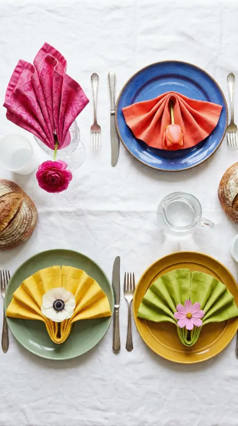 22 Spring Table Decor Ideas - Dopamine Colorful Brunch Style 6 6. Neon Napkins Folded into Flower Shapes