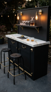18 Easy Outdoor Kitchen DIY Ideas Pallet Wood Bar Grill 6 6. Painted Pallet Wood Bar in Matte Black With Gold Hardware
