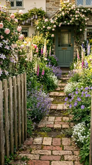 20 Simple Front Yard Landscaping Stepping Stone Path 6 6. Reclaimed Brick Stepping Path Through Cottage Garden