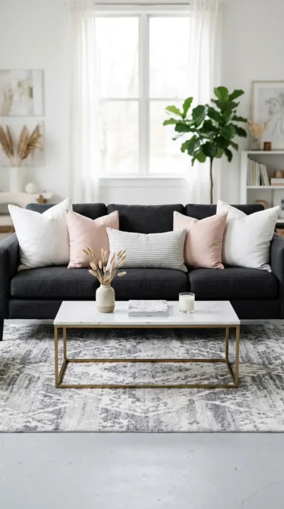 25 Throw Pillow Combinations That Transform Any Sofa 6 6. The Charcoal Sofa Light and Airy Contrast Combination