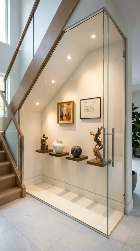 24 Luxury Staircase Storage Ideas Glass Wine Cellar Style 6 6. Under-Stair Glass Display Cabinet for Art and Sculpture