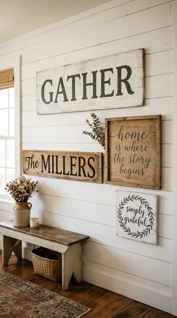 22 Farmhouse Living Room Wall Decor Ideas 6 6. Vintage Farmhouse Sign Collection