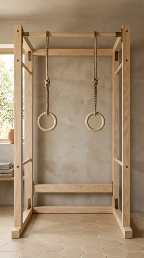 18 Warm Neutral Home Gym Studio Spare Bedroom Conversion 6 6. Warm Neutral Home Gym With a Natural Timber Pull-Up and Rig Frame