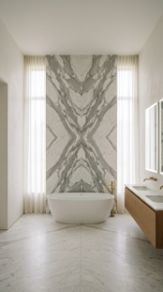 18 Incredible Luxury Bathroom Ideas White Marble Glamour 6 6. White Marble Book-Matched Feature Wall Behind Freestanding Tub