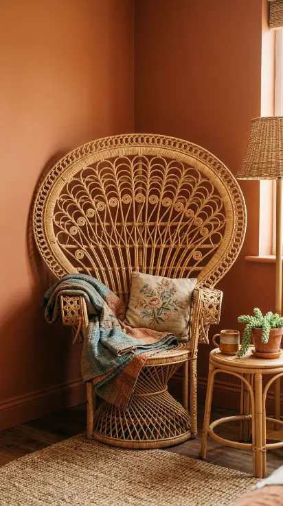 22 Vintage Floral Bedding Boho Rattan Bedroom Terracotta 7 7. Add a Rattan Peacock Chair as the Bedroom Reading Corner