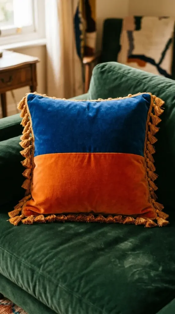 20 Funky Throw Pillows Ideas That Actually Make a Statement 7 7. Bold Color Block Velvet Pillow With Fringe Trim