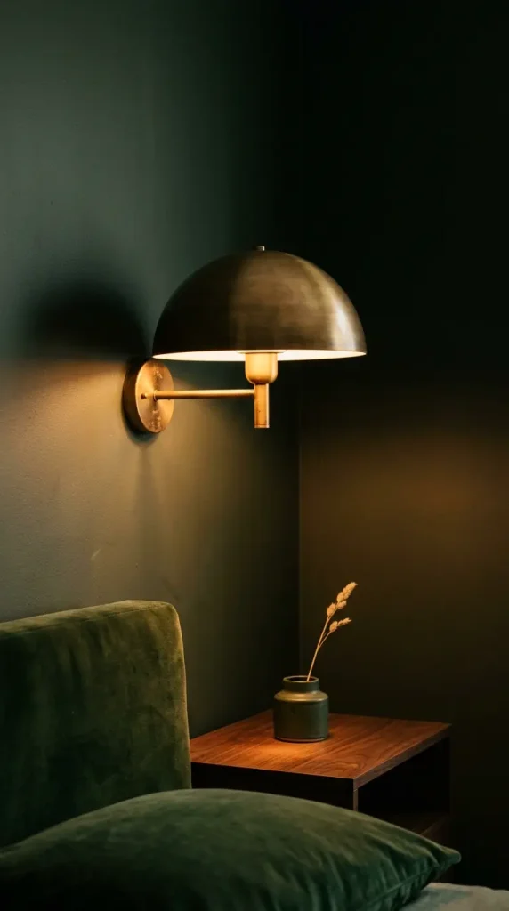 22 Earthy Cozy Bedroom - Dark Green Velvet Brass Luxury 7 7. Brass Mushroom Wall Sconces Either Side of the Bed