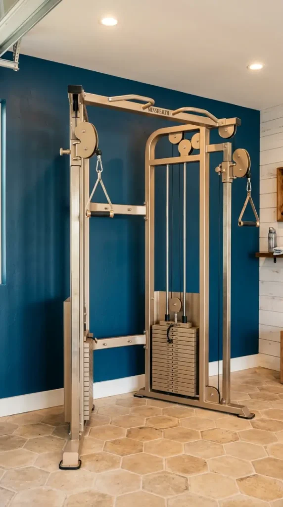 22 Coastal Home Gym Inspiration: Garage Conversion Ideas 7 7. Coastal Blue Cable Machine in Brushed Champagne Finish