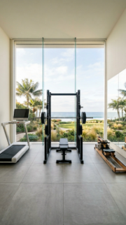 18 Coastal Home Gym Inspiration Garage Conversion Ideas 7 7. Coastal Minimalist Gym With Floor to Ceiling Window Wall
